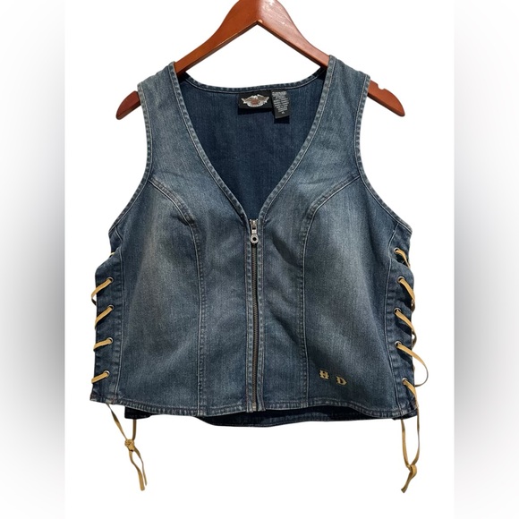 Harley Davidson Embroidered Denim Vest Suede Lace Up Women’s Size XL - Picture 2 of 7